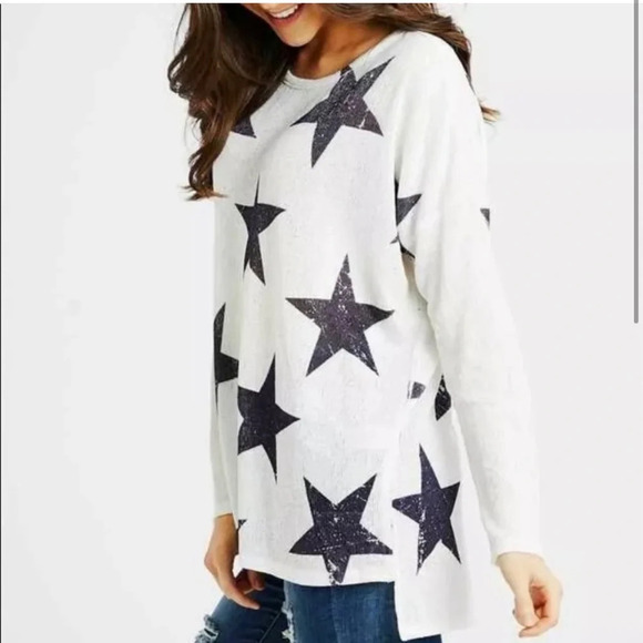 Star Print Long Sleeve Sweater Top Memorial Day 4th of July Starry Oversized - Picture 2 of 11